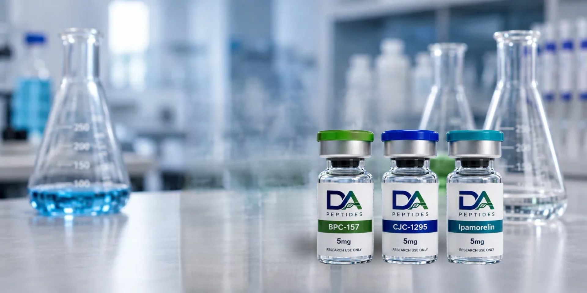 DA Peptides research vials arranged in a clean laboratory setting with glass beakers